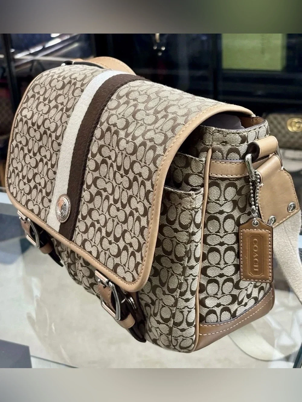 Coach Signature Canvas Crossbody Messenger in Khaki and Chalk with Brown Trim.